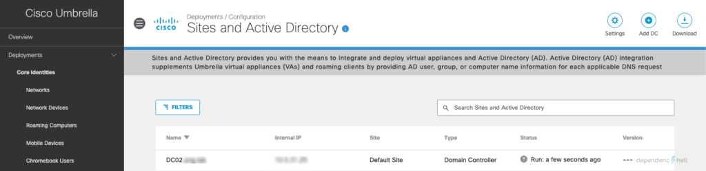 Umbrella Sites and Active Directory page showing that domain controller was successfully registered with cloud