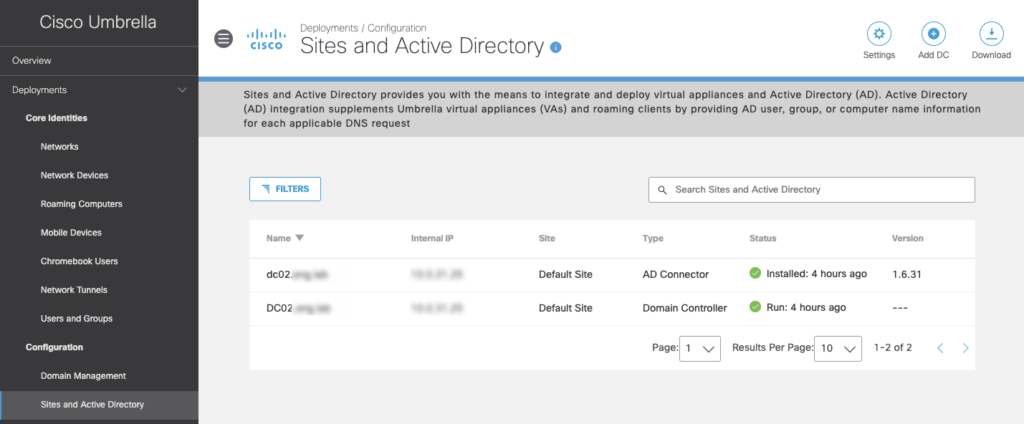 Screenshot - Sites and Active Directory page showing that AD connector and domain controller are registered correctly