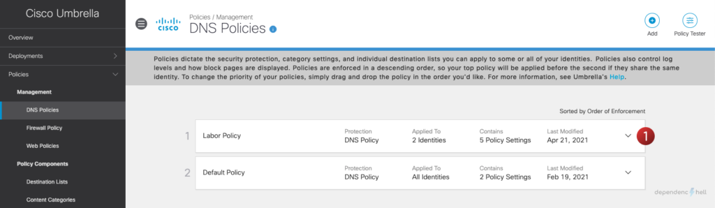 Screenshot - Umbrella Dashboard - Edit DNS Policy