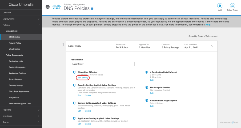 Screenshot - Umbrella Dashboard - DNS Policy - Edit Identity