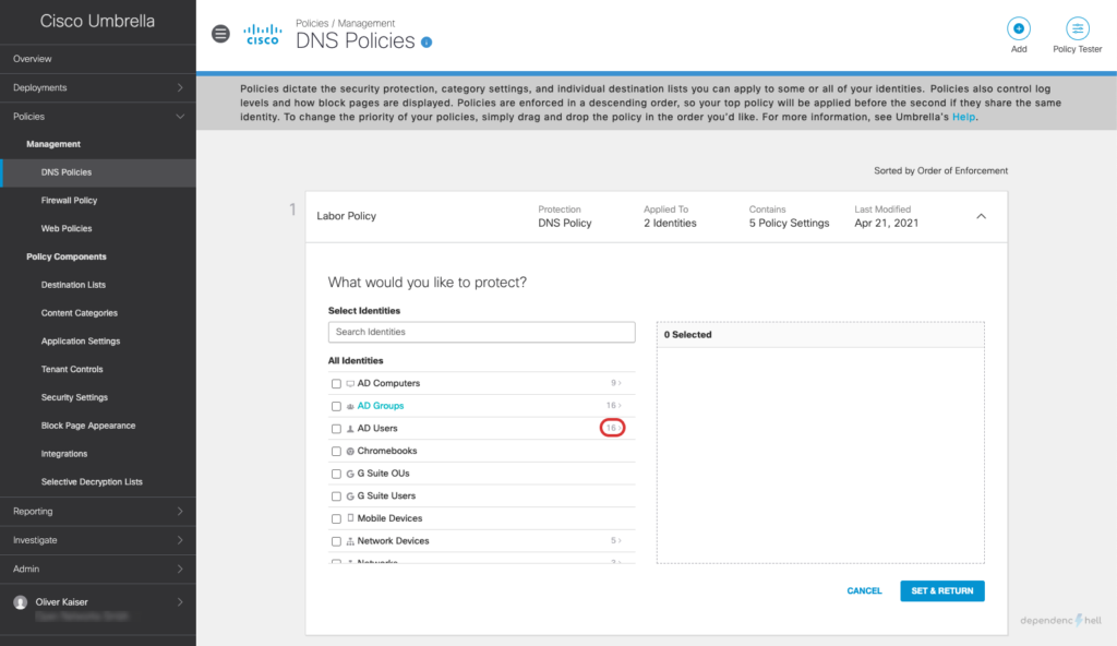 Screenshot - Umbrella Dashboard - DNS Policy - Edit Identity - AD Users