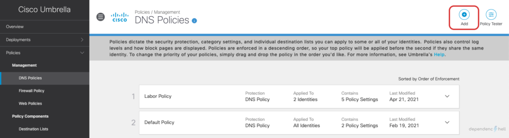 Screenshot showing DNS Policy Creation - Step 1 - Add policy