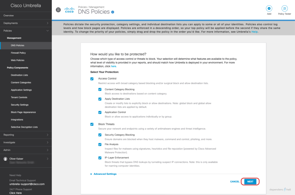 Screenshot showing DNS Policy Creation - Step 2 - Feature selection