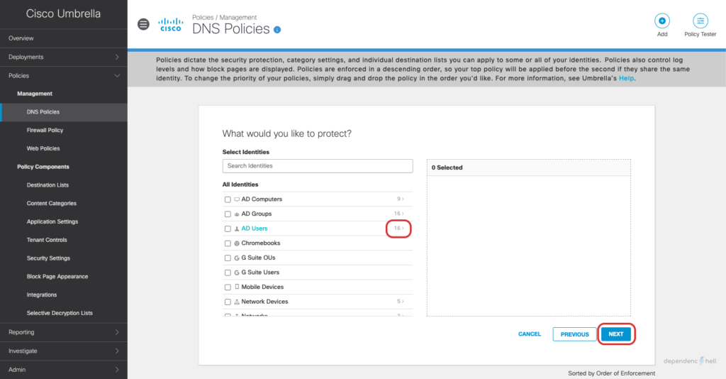 Screenshot showing DNS Policy Creation - Step 13 - Identity selection