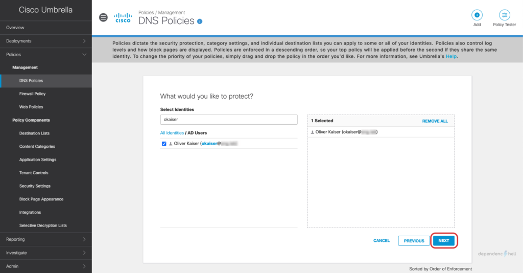 Screenshot showing DNS Policy Creation - Step 4 - Select identities
