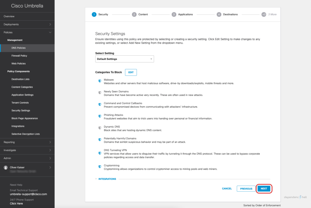 Screenshot showing DNS Policy Creation - Step 5 - Security settings