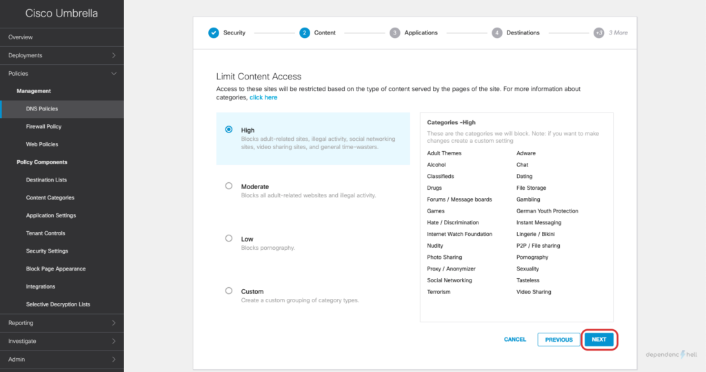 Screenshot showing DNS Policy Creation - Step 6 - Content filtering