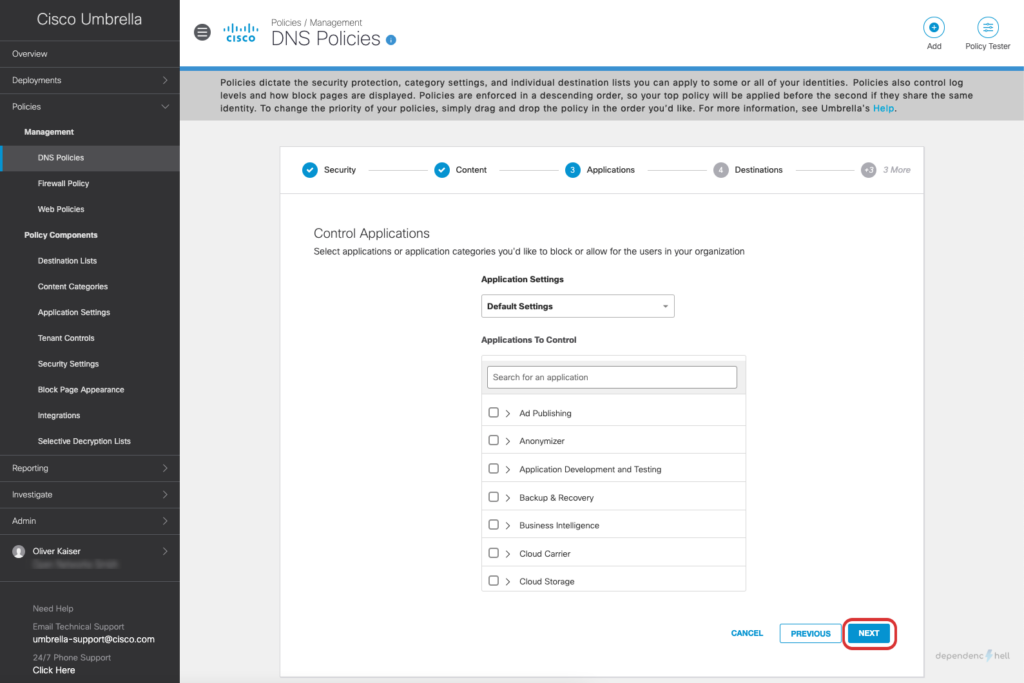 Screenshot showing DNS Policy Creation - Step 7 - Application settings