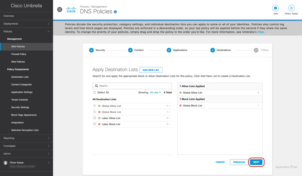 Screenshot showing DNS Policy Creation - Step 8 - Defining destination lists