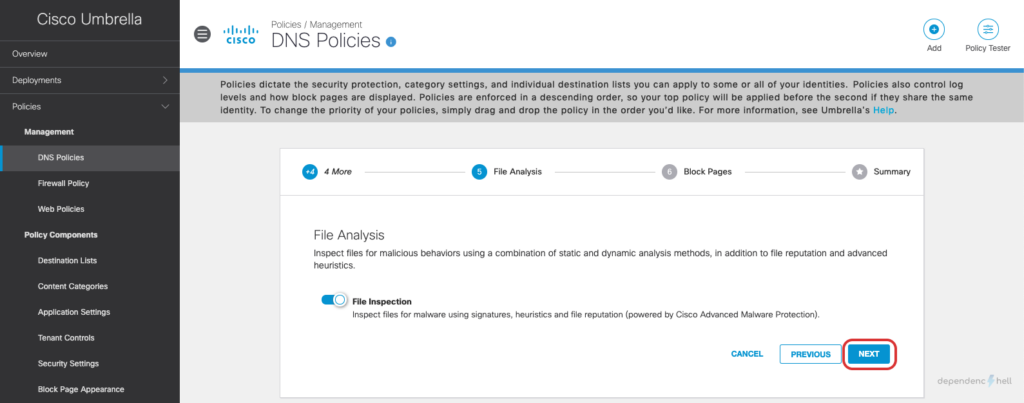 Screenshot showing DNS Policy Creation - Step 9 - File Analysis