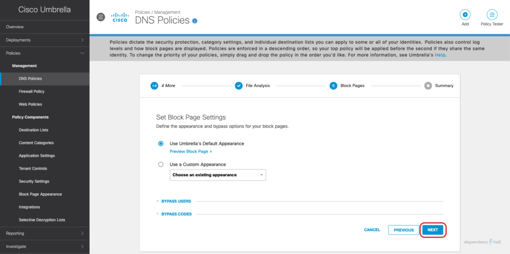 Screenshot showing DNS Policy Creation - Step 10 - Setting Blockpage