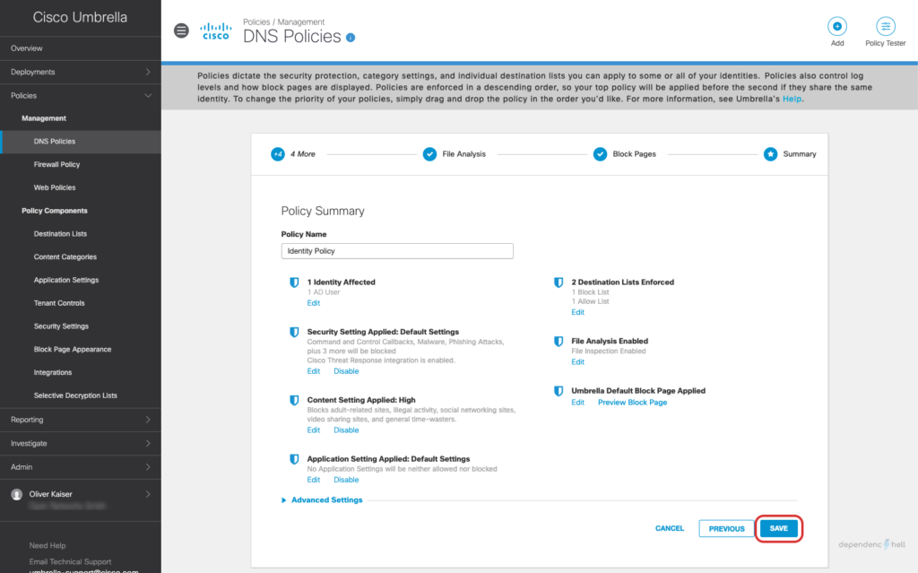 Screenshot showing DNS Policy Creation - Step 11 - Saving policy