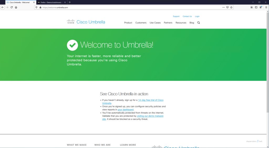 Screenshot showing Umbrella Test Page