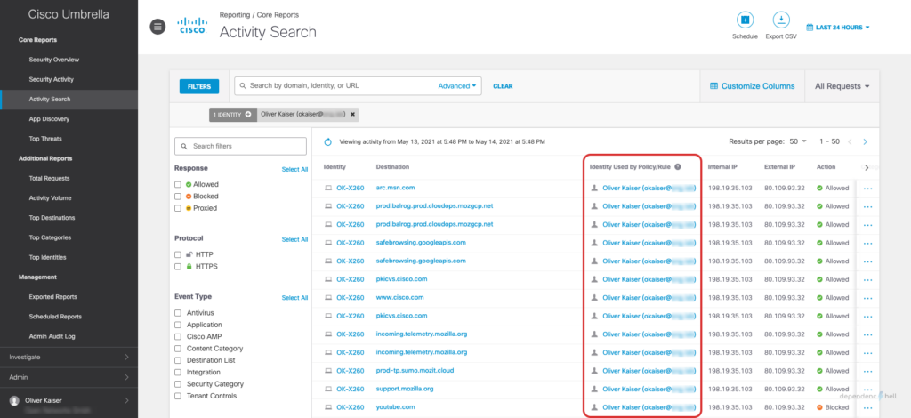 Screenshot showing Activity search showing that identity is correctly regocnized by Umbrella cloud