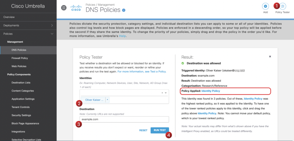 Screenshot showing Policy Tester showing that policy is correctly applied for user okaiser