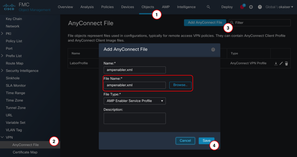 Screenshot showing how to upload AMP Enabler profile to FMC