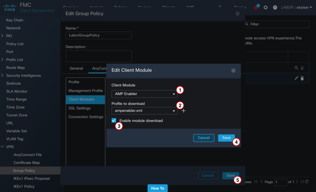 Screenshot showing how to configure AMP Enabler module in Group Policy configuration on FMC