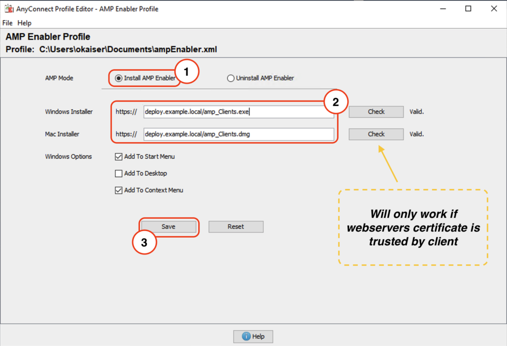 Screenshot showing how to create an AMP Enabler profile with AnyConnect Profile Editor