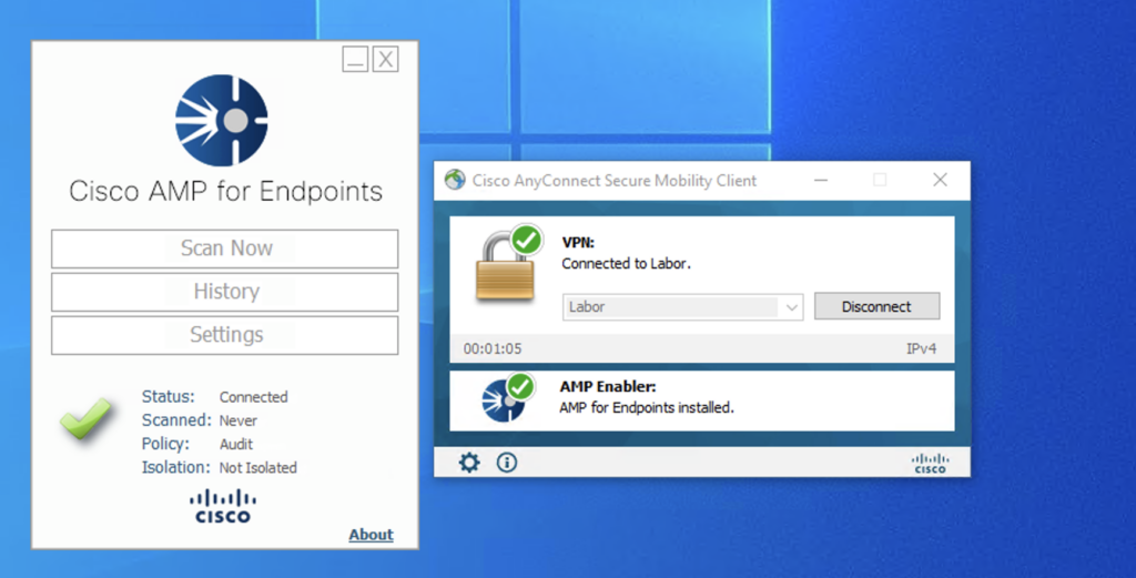 Screenshot showing that AMP for Endpoints connector was successfully installed via AnyConnect AMP Enabler