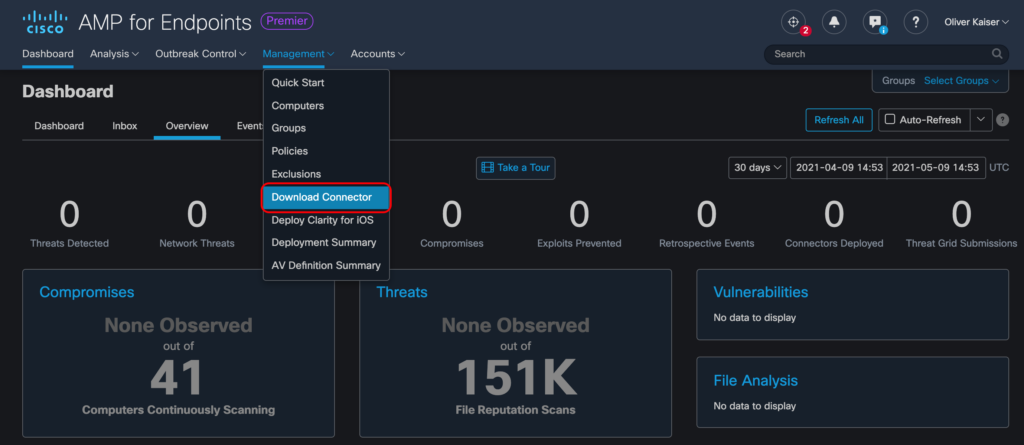 Screenshot showing where to find Connector download on AMP for Endpoints dashboard