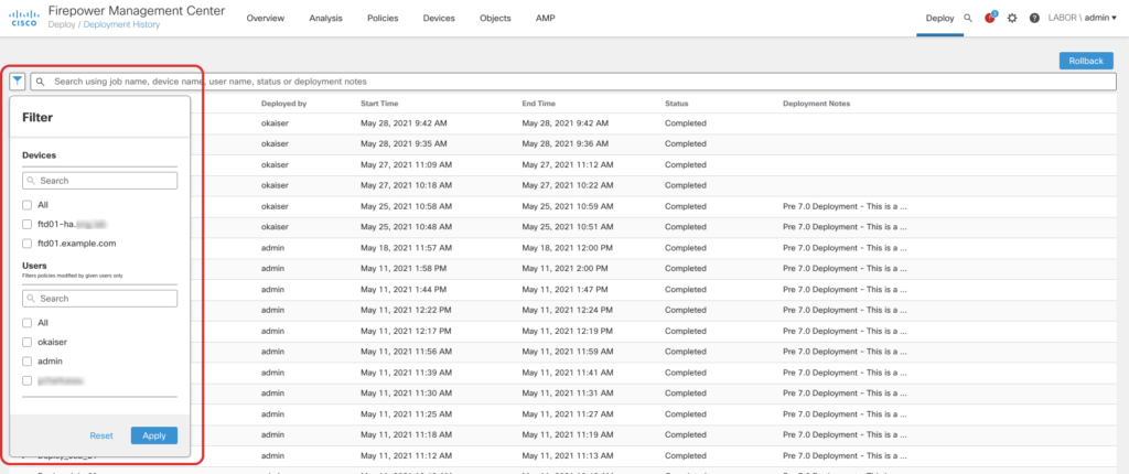 Screenshot of deployment history filtering option