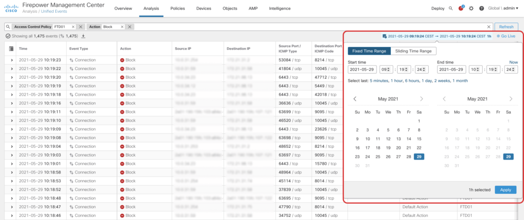 Screenshot of Unified Event Viewer timeframe selection