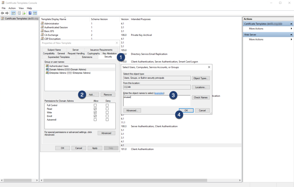 Screenshot showing how to add enrollment permissions for specific ad user