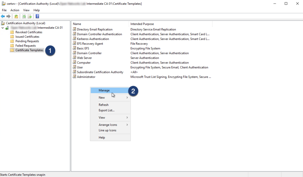 Screenshot showing how to open certificate template management